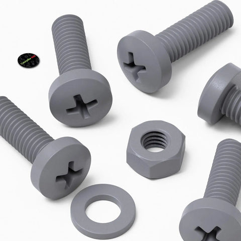 Top Shelf M6 X 20 Millimeter Polypropylene Cross Pan Head Bolts Kit With Corrosion Resistant Nuts And Washers For Straight Up DIY Fixes And Heavy Duty Assembly Work In Slick Dark Gray, featuring gray plastic bolts, nuts, and washers.
