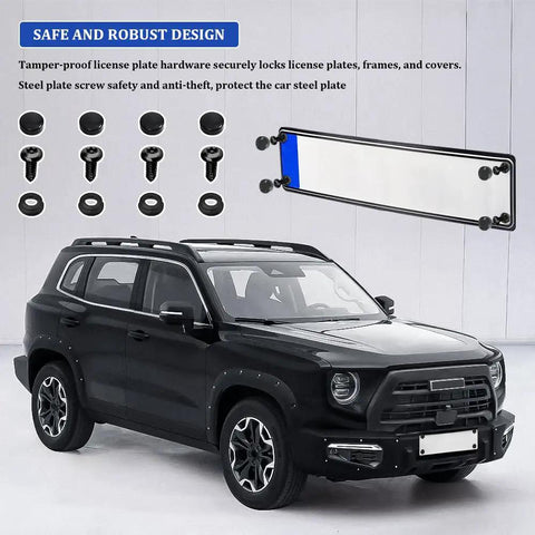 Lock It Down With These Legit Anti Theft License Plate Screws A Tamper Proof Stainless Steel Mounting Kit That Stays Rust Free And Road Ready For Every Front Or Rear Tag Job with black SUV, license plate screws, and mounts.