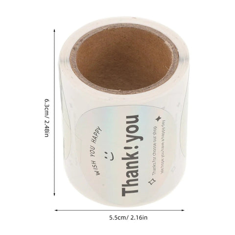 Roll of Thank You Stickers For Packaging And Gift Wrapping, Sturdy Copper Plate Self Adhesive Sealing Labels, dimensions marked