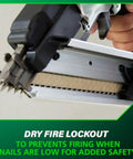Close-up of Strap-Tite Metal Connector Nailer Pro-Preferred Pneumatic Nail Gun For Pre-Punched Connectors and safety lock.