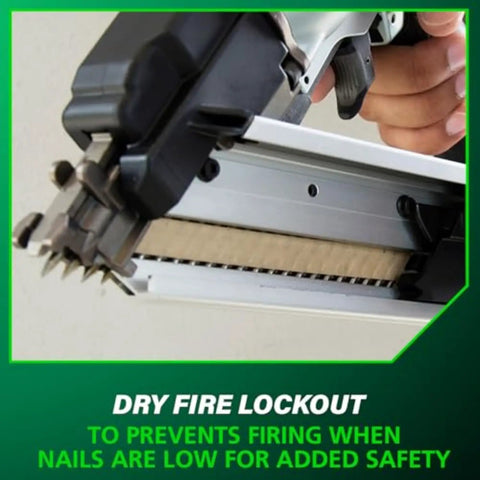 Close-up of Strap-Tite Metal Connector Nailer Pro-Preferred Pneumatic Nail Gun For Pre-Punched Connectors and safety lock.