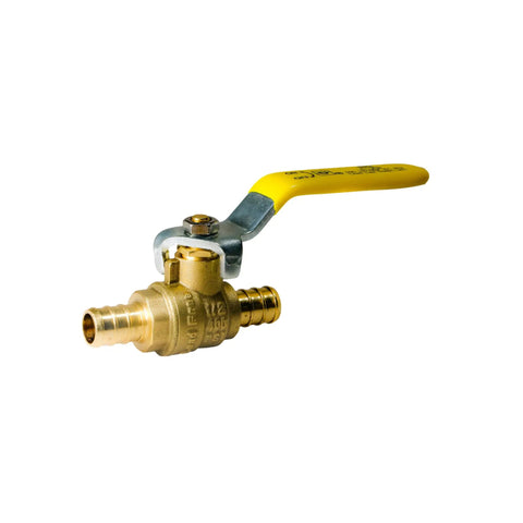 Crimp Half Inch Pex Ball Valve Set, brass 1/2 in valve with yellow handle, Pex B crimp compatible, for water and heating systems