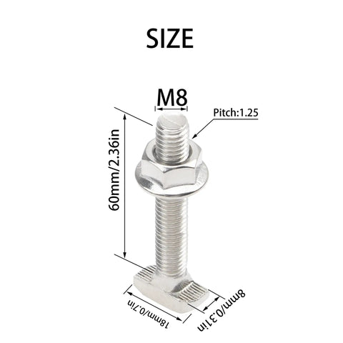 Premium Rock Solid 10 Pair M8x60 T Slot Screws With Flange Nuts 304 Stainless Steel Drop In Sliding Bolts For 40 Series Aluminum Extrusion showing dimensions.