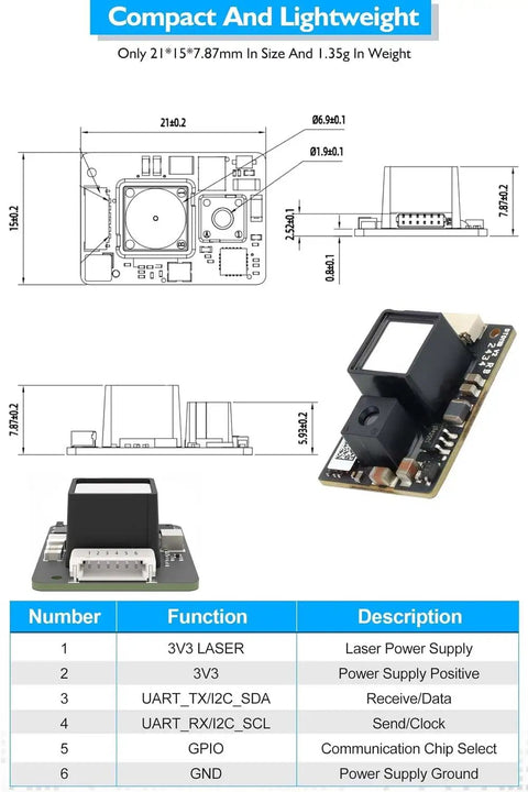Ultra Compact Lidar Sensor Scanner With UART I2C 0.2 To 20 Meters Long Range for Micro Drones, diagram and component view