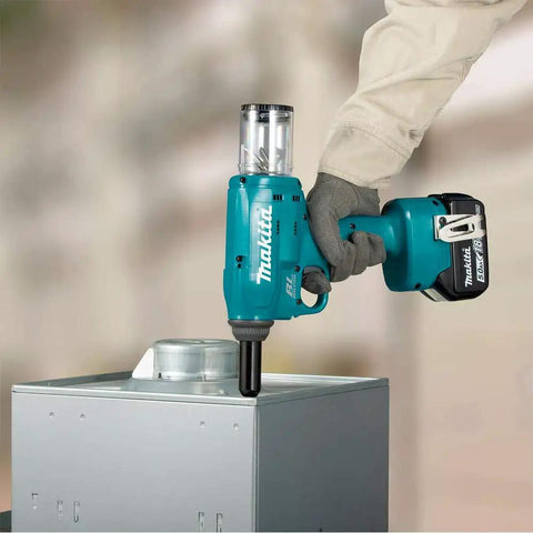 Heavy Duty Cordless Rivet Tool Featuring Brushless Motor And 10KN Pulling Force used on metal surface for rivet installation.