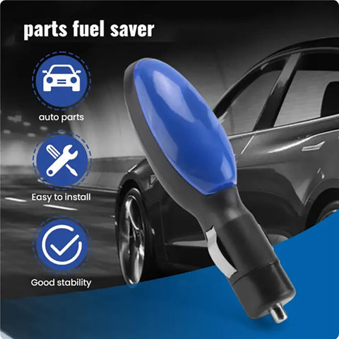 Plug In Fuel Saver For Cars And Diesel Vehicles Easy Gas Mileage Booster close-up next to car background.