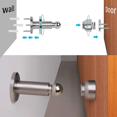 Adjustable Height Magnetic Door Stopper Heavy Duty Magnetic Door Stop 304 Stainless Steel Door Holder With Wall And Floor Mounting Easy Install No Drilling Screws Included Keeps Doors From Slamming In High Traffic Rooms Silver, side view installation diagram and components visible.