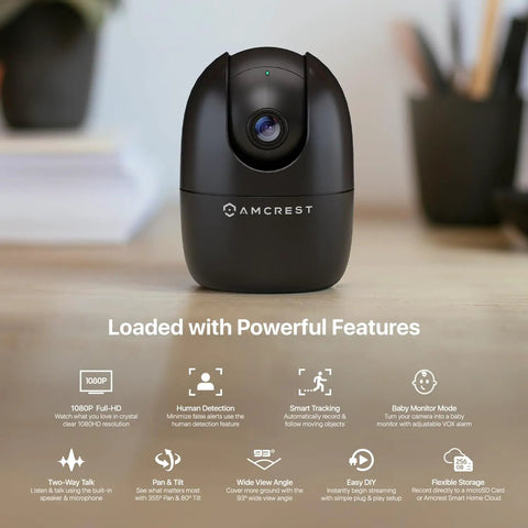 1080P WiFi Indoor Security Camera With Pan Tilt Zoom AI Human And Pet Detection Night Vision Nanny Cam On Wooden Table