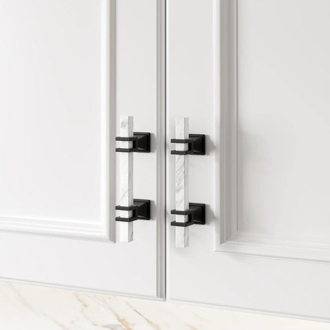 Top Shelf 10 Pack 3 Inch White Marble Cabinet Pulls With Sleek Black Zinc Alloy Bases on kitchen cabinets.
