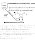 Diagram of 220V 3000W Micro Hydroelectric Generator installation showing pressure pipe, water source, and generator setup.