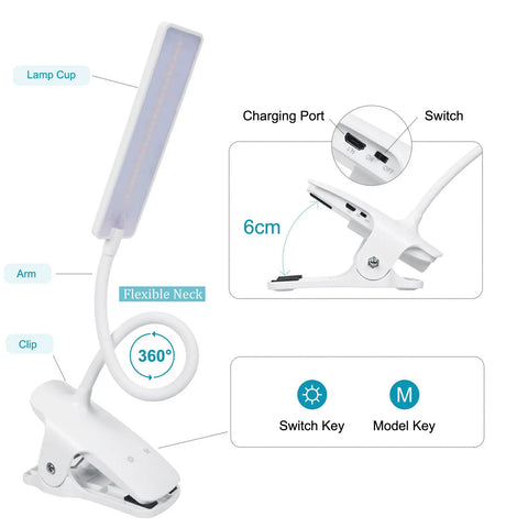 Clip On Reading Light With USB Rechargeable Power Eye Protection 24 LED Flexible Neck Night Bed Lamp Touch Control Portable Clamp Desk Lamp