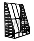 Heavy Duty Vertical Parts Storage Rack For Pipes And Lumber Hella Sturdy Four Bay Metal Bar Rack with Safety Chain in Black Coated Steel.