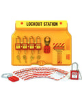 Heavy Duty Lockout Tagout Station Kit with 7 safety padlocks, 2 hasps, 30 tags, and 35 nylon ties displayed on a yellow board.