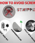 How to avoid stripped screws illustrated with T5 bit, proper angle, and recessed fit for Solid Setup 12 Pack M2x3 Torx T5 Laptop Hardware.