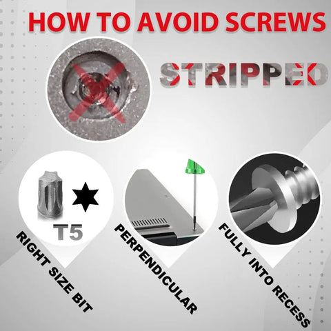 How to avoid stripped screws illustrated with T5 bit, proper angle, and recessed fit for Solid Setup 12 Pack M2x3 Torx T5 Laptop Hardware.