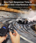 Hands holding X6 FG 2.4GHz RC Radio Transmitter And Receiver With Gyro For Cars Boats Tanks, controlling car in motion