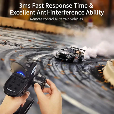 Hands holding X6 FG 2.4GHz RC Radio Transmitter And Receiver With Gyro For Cars Boats Tanks, controlling car in motion