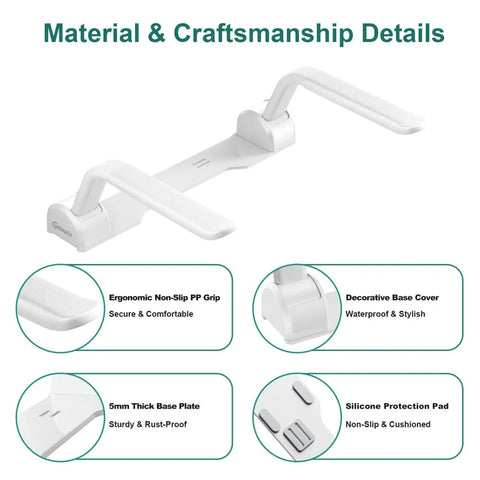 Rock Solid White Toilet Safety Rails With Heavy Duty Non Slip Handles For Seniors And Mobility Aid Bathroom Assist Support Grab Bar Easy Wipe Anti Tip Design with ergonomic grip and sturdy base details.
