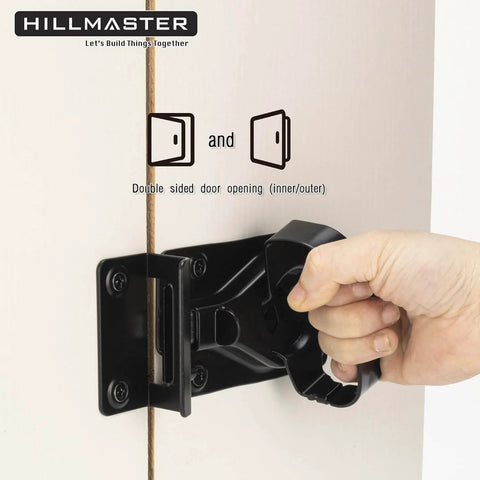 Heavy Duty Automatic Locking Gate Handle Latch For Interior And Exterior Doors in black, installed on a white door.