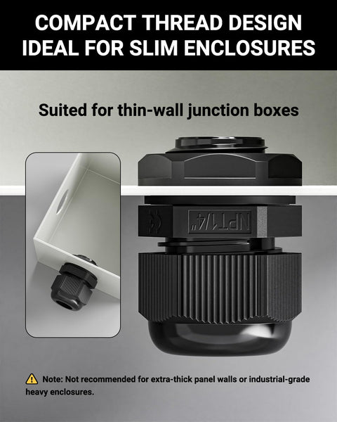 Close-up of Ten Pack Nylon Cable Glands One Quarter Inch NPT Waterproof IP68 Cord Connectors in thin-wall junction box.
