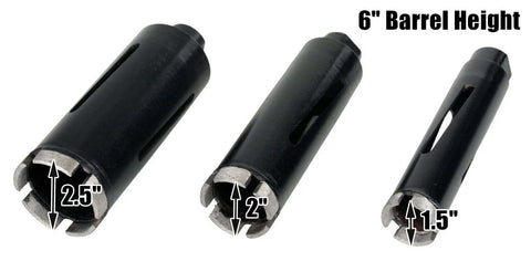 Three-piece black steel dry diamond core drill bit set, diameters 1.5-in, 2-in, 2.5-in, shown at angles.