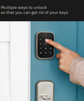 Person unlocking a doorway with Dead Nuts Smart Deadbolt Featuring Zwave Connectivity And Touchscreen Keypad For Keyless Entry Remote Unlocking And Straight Up Simple Smart Home Setup In Black Suede Finish.