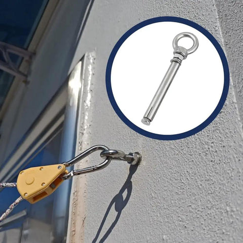 Two Pack 304 Stainless Steel M12x80 Shoulder Eyebolt With Nut installed on concrete wall for hanging support
