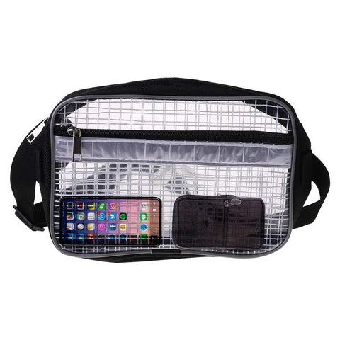 Straight Up Clear PVC Fanny Pack With Grid Pattern And Anti Static Build For Cleanroom Checks featuring visible phone and zippered pocket.