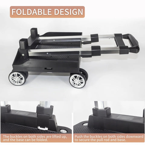Foldable Aluminium Alloy Wheeled Backpack Trolley With Edge Guard Base shown in collapsed position with close-up of locking buckles.