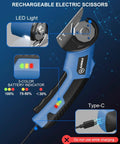 Strebilo Cordless Electric Scissors And Box Cutter For Cardboard with LED light and battery indicator features.