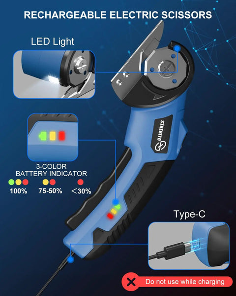 Strebilo Cordless Electric Scissors And Box Cutter For Cardboard with LED light and battery indicator features.