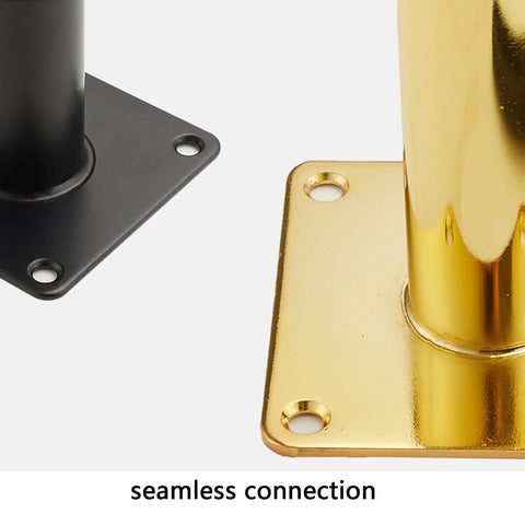 Close-up of heavy duty metal furniture legs 4 pack cone shape caster wheels showing seamless connection, black and gold finish.