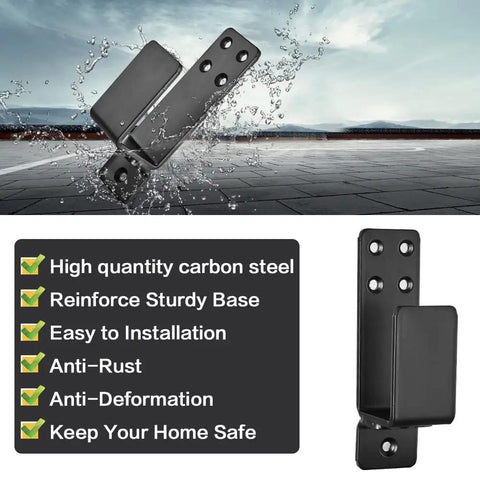 2 Pack Door Barricade Brackets For 2x4 Lumber Drop Open Bar Holder For Home Security Beefy Carbon Steel Black Finish Heavy Duty Protection Against Unauthorized Entry Easy Install, shown in water splash effect and close-up view.