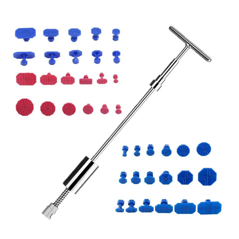 DIY Auto Body Dent Repair Kit With Glue Tabs, Bridge Puller, Slide Hammer, Dent Lifter And Suction Cup Tools shown with glue tabs