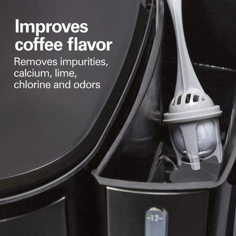 Charcoal Water Filter Replacement Pods With Handle, 2 Pack, Improves Coffee Flavor By Removing Chlorine, Impurities, Calcium And Odors, Fits Most Coffee Makers in a coffee machine.