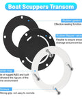 Diagram of Boat Self Bailing Cockpit Mounted Scupper Valve Kit with rubber gasket, flapper valve, retainer ring, and screws shown.