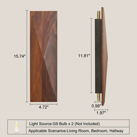 Feasey Set of 2 Walnut Wood Wall Sconce, Vintage Wall Mounted Light Fixture dimensions shown from front and side views.