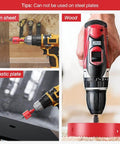 4-inch hole saw kit with triangular-shank drill bit; collage shows use on iron sheet, plastic plate, and wood.