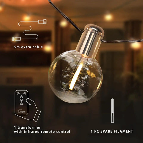 Indoor 2 Pack G50 LED String Lights With Vintage Filament Bulbs, 24 Feet Each, Shatterproof Design, close-up of clear bulb