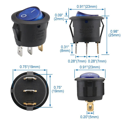 Round Rocker SPST On Off Switch 3 Pin Blue LED Illuminated Power Switch 10A 125V 6A 250V AC For Household Appliances And DIY Projects Industrial Grade 10 Pack, 20mm panel mount with 3 terminals