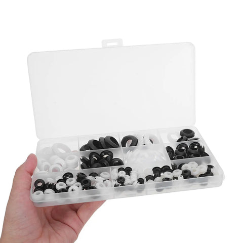 Rock Solid 180 Piece Rubber Grommet Kit With Nylon Washers For Waterproof Cable Sealing And Wire Protection. Open case with black and white grommets