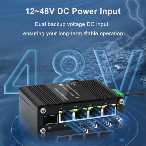 Beefed-Up Industrial Grade 4 Port Gigabit Ethernet Switch With SFP Slot DIN-Rail Mount Auto Sensing shown with DC power input feature