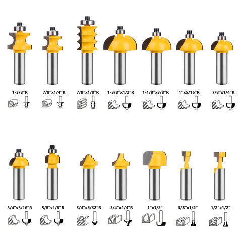 Various bits from the 70 Piece Half Inch Shank Tungsten Carbide Router Bit Set for woodworking, showing detailed profiles.