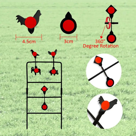 Outdoor BB Gun Spinning Target With Easy Resetting Mechanism, metal targets with 360-degree rotation, grass background.