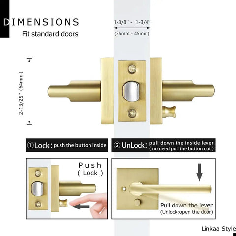 Diagram showing Gold Privacy Door Lever Handle for Interior Bedroom and Bathroom, Keyless Push Button Lock mechanisms.