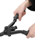 Heavy Duty Dual Handle Rivet Gun Kit With Comfort Grip Handles For M3 To M10 Thread Sizes And Easy Installation Tool Set For Pros And DIYers, black steel hand riveter in use