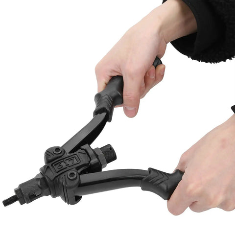 Heavy Duty Dual Handle Rivet Gun Kit With Comfort Grip Handles For M3 To M10 Thread Sizes And Easy Installation Tool Set For Pros And DIYers, black steel hand riveter in use