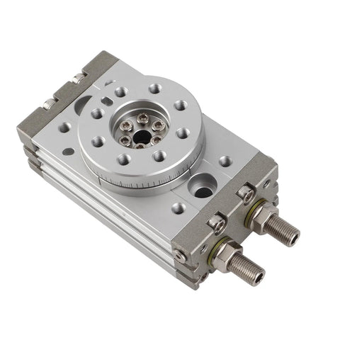 Pneumatic rotary actuator, angled top view, double-acting rack-and-pinion, 20mm bore, silver metal with side ports