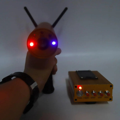 Pro Grade Metal Detector With 1000m Range And 20m Depth Dual Antenna Handheld Treasure Finder showing antenna and LED lights.