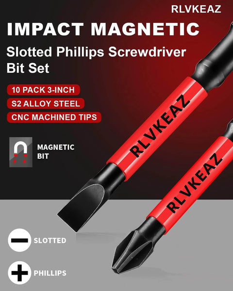 10-pc magnetic screwdriver bit set (3-inch) with S2 alloy steel bits: Phillips #1-3 and slotted, 1/4" hex